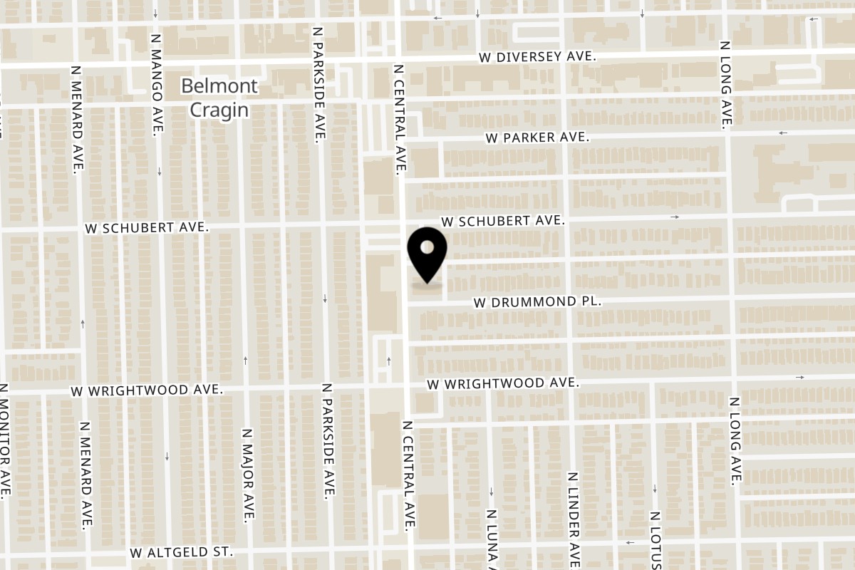 Map showing the location of Brasas del Peru on 2637 N Central Ave in Chicago